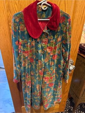April Cornell Teal Floral Velvet Trench with Red Velvet Collar
